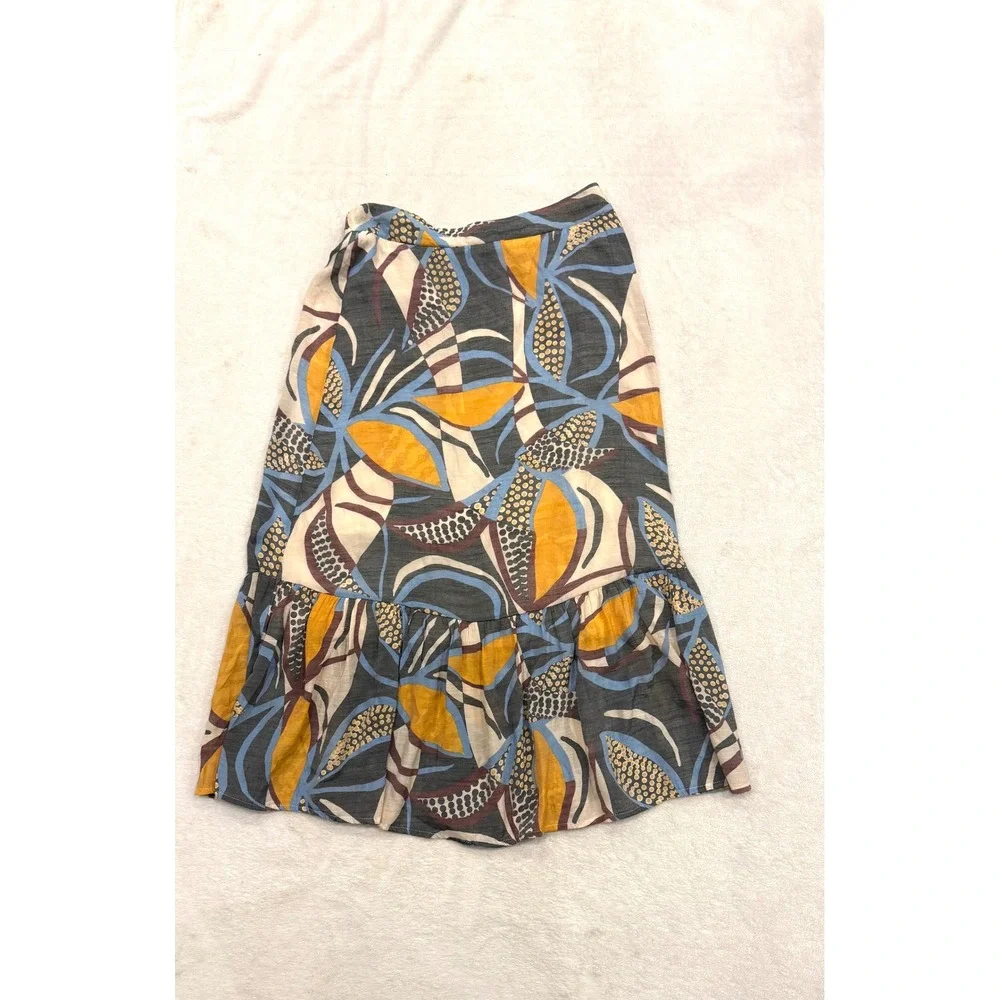 Mlle Gabrielle Women Abstract Floral Print Midi Skirt Tiered Ruffle Hem Blue M